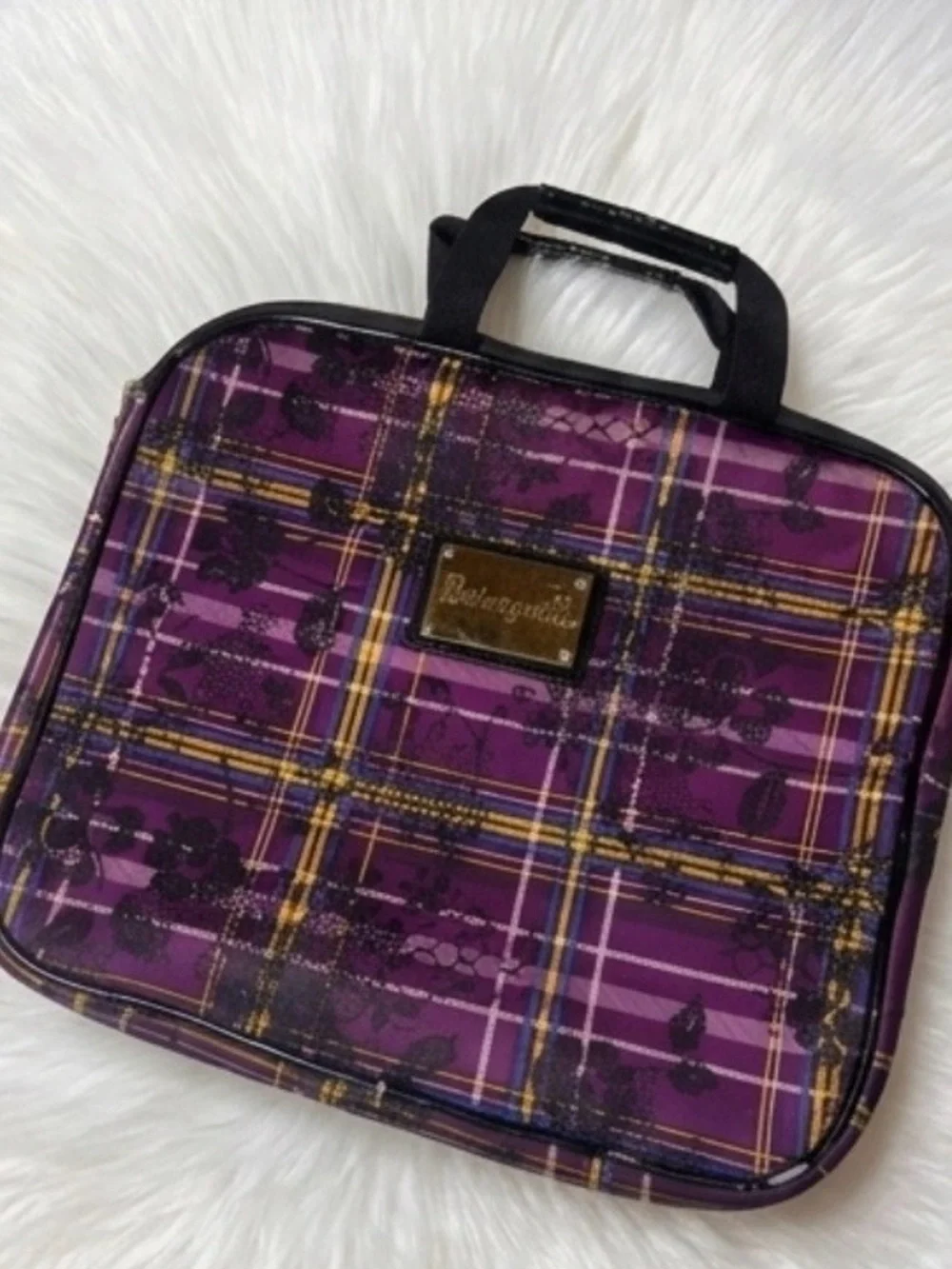 Vtg Betsey Johnson Purple Plaid and Lace design laptop bag with Gold Accents